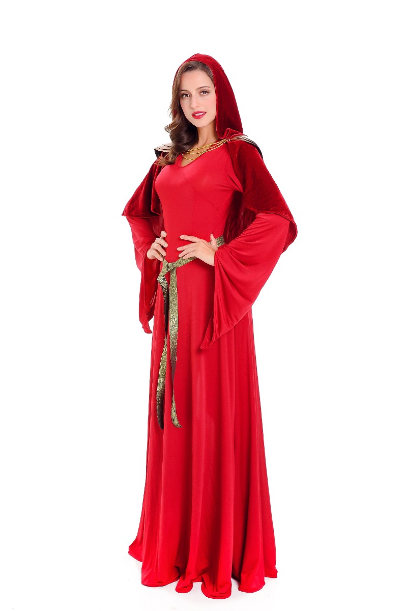 F1802 Womens Halloween Costumes Priestess The Red Woman Copslay Dresses Cloak